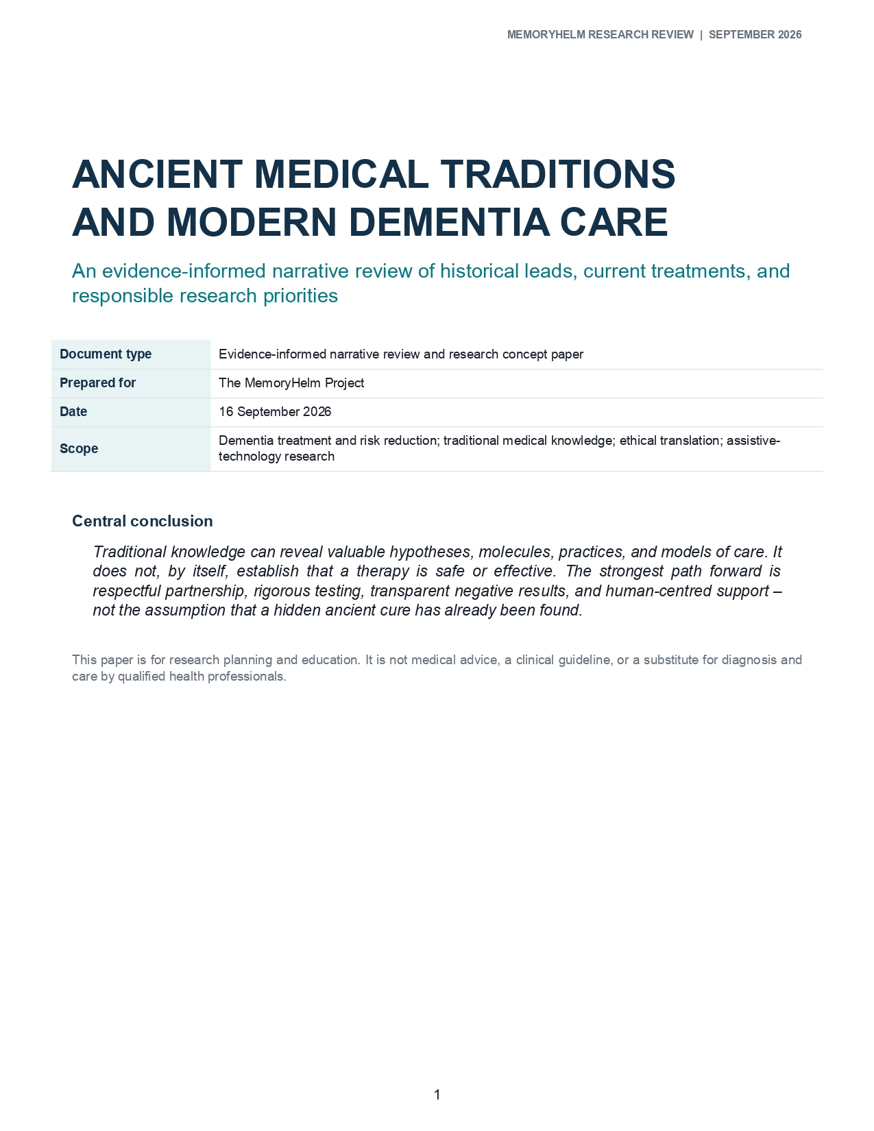 First page of Ancient Medical Traditions and Modern Dementia Care